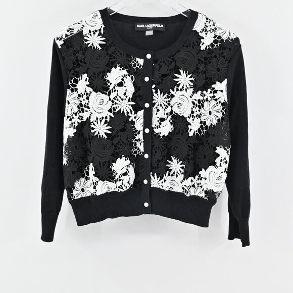 KARL LAGERFELD Sweater Womens L Crochet‎ Cardigan Black White Floral Embroidered - Picture 1 of 12